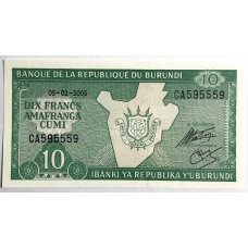 BURUNDI 2005 . TEN 10 FRANCS BANKNOTE